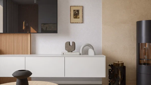 Detail kuchyňské linky s matnými horními skříňkami
