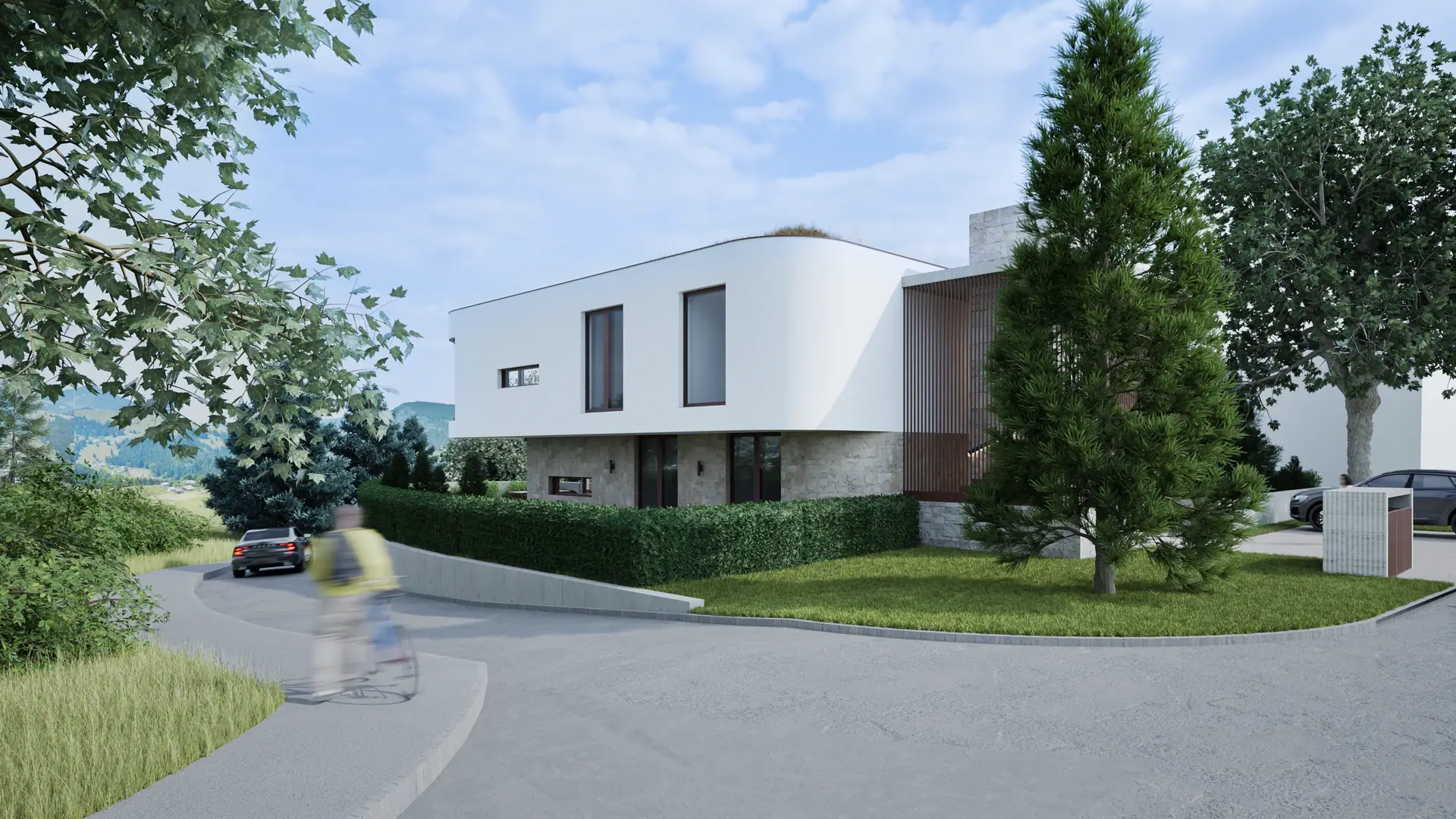 Příjezdová cesta a vstupní průčelí
