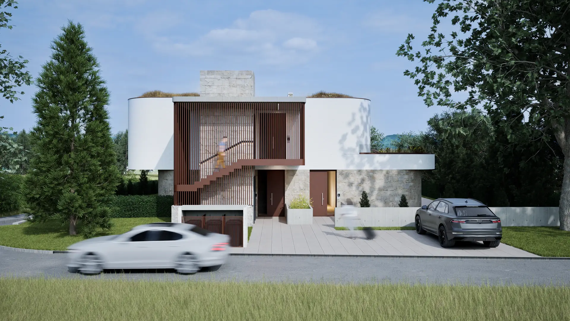 Architektonické nároží s okenními pásy