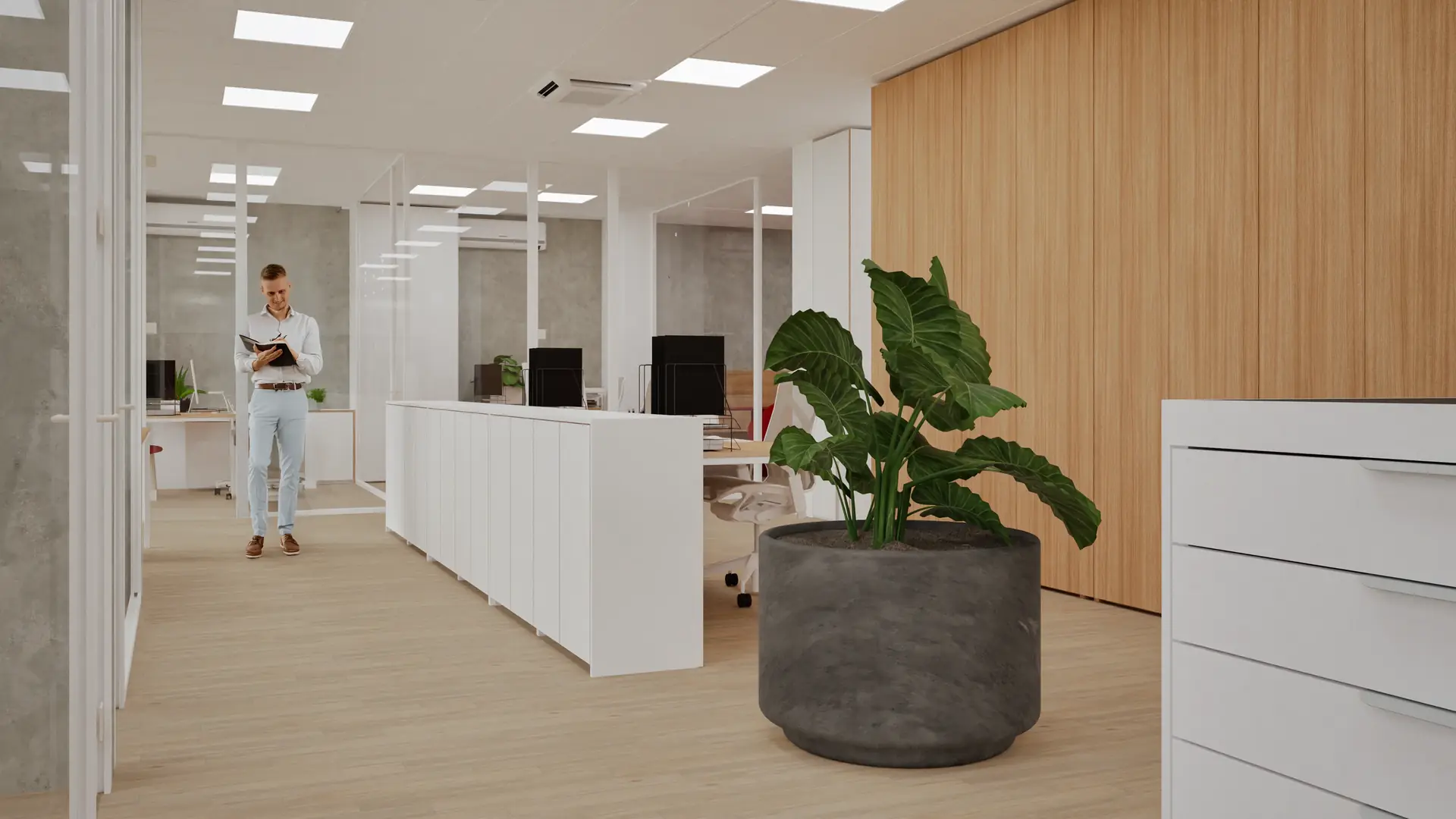 Open space s pracovními místy a zelení