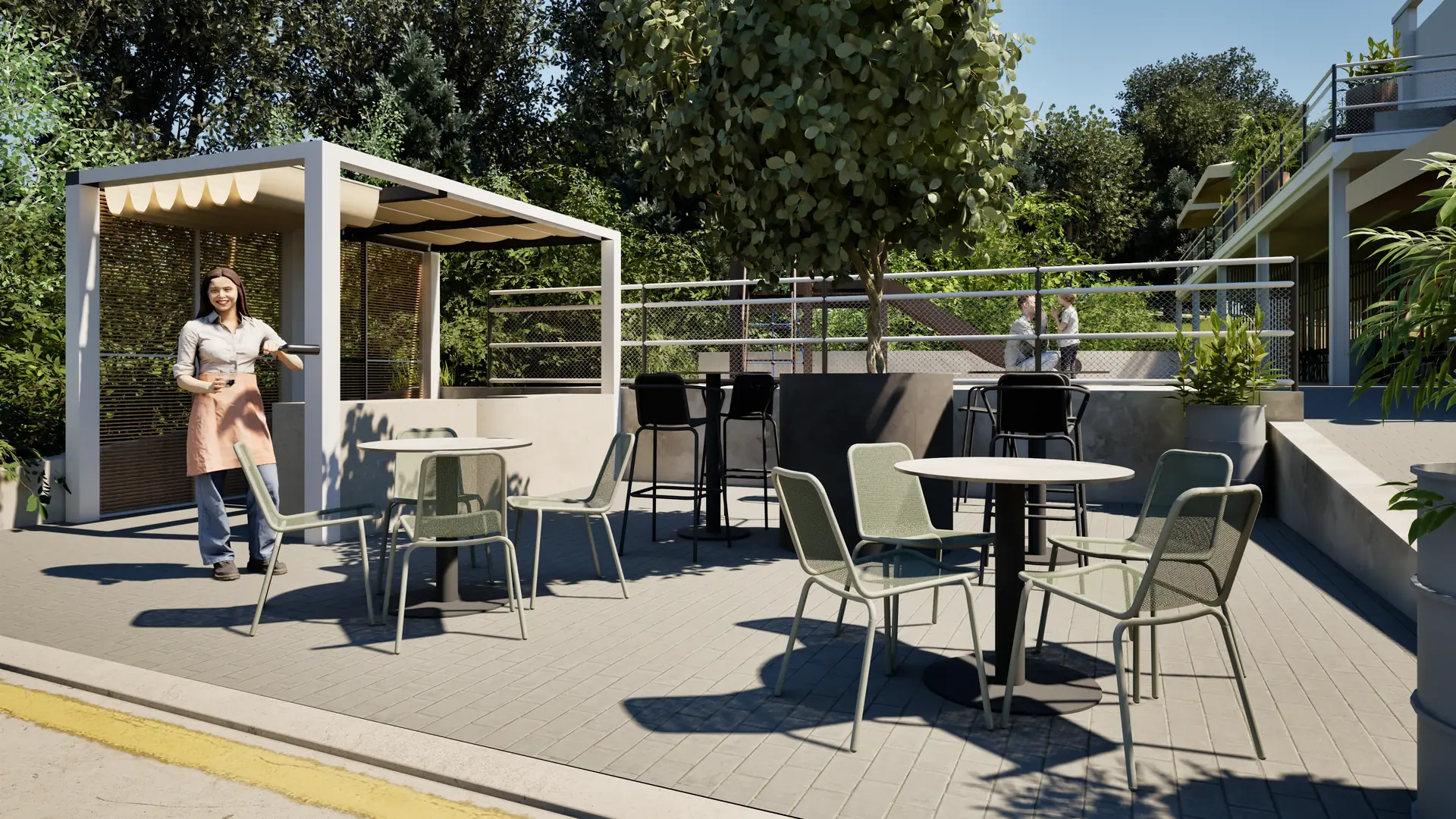 Pergola se stínem nad stoly